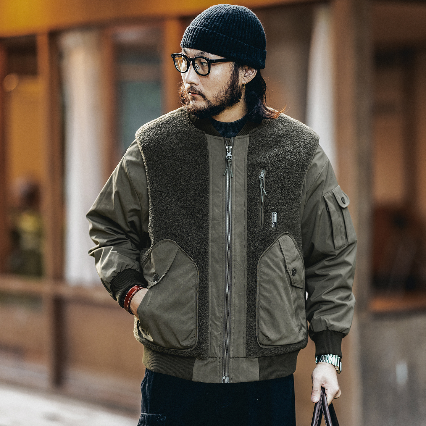 格蓝鹿高端颗粒绒拼接保暖棉衣外套男冬季潮牌宽松夹克飞行员棉服