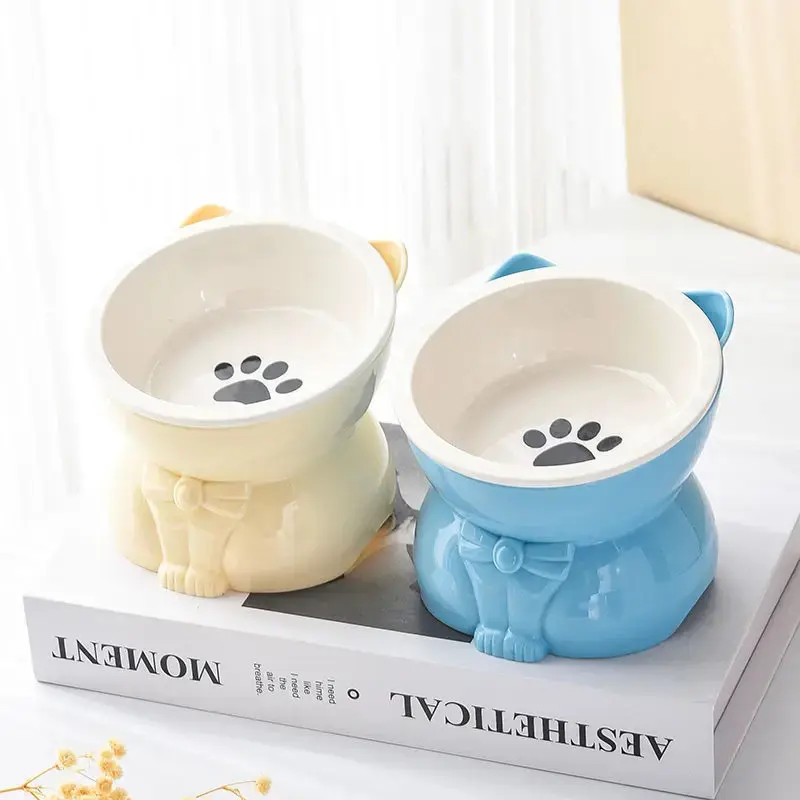 猫碗吃饭陶瓷猫食盆高脚斜口护颈防黑下巴猫咪饭碗喝水碗防打翻