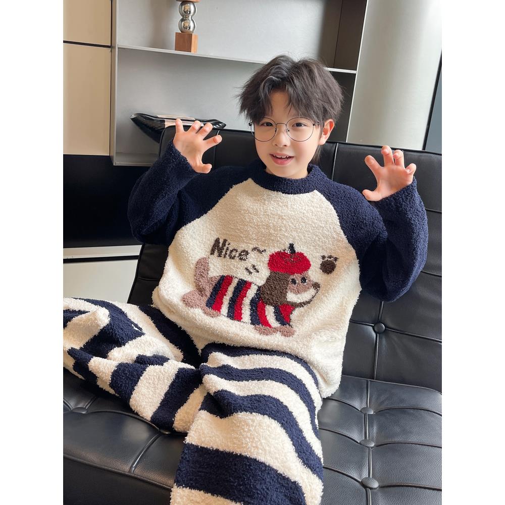 男童冬季珊瑚绒睡衣2025新款中大童秋冬款男孩儿童加绒加厚家居服