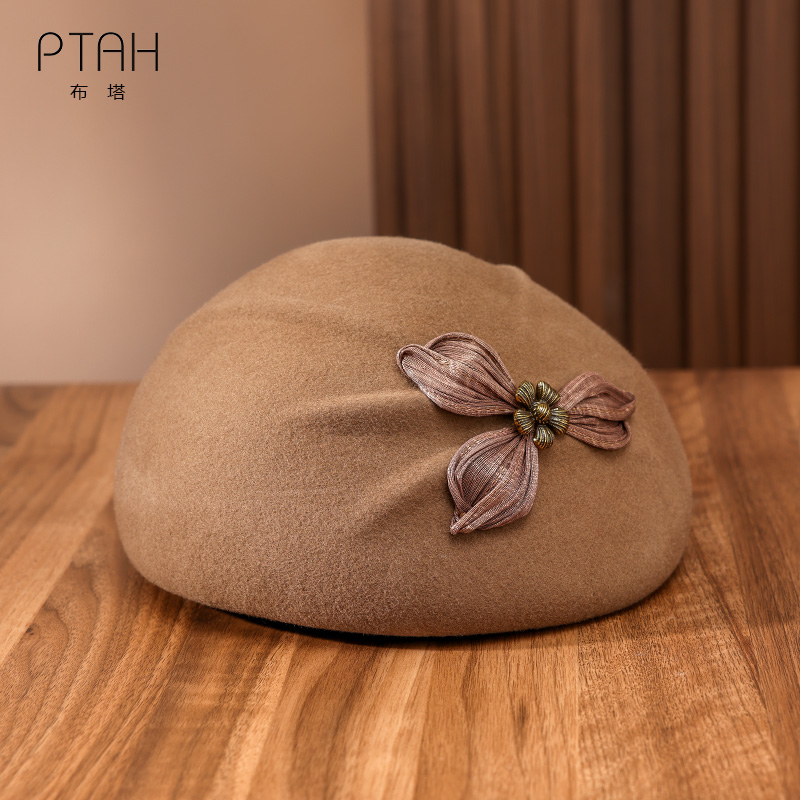 布塔羊毛贝雷帽女士秋冬新款羊毛呢蓓蕾帽高级感显脸小帽子PT1393