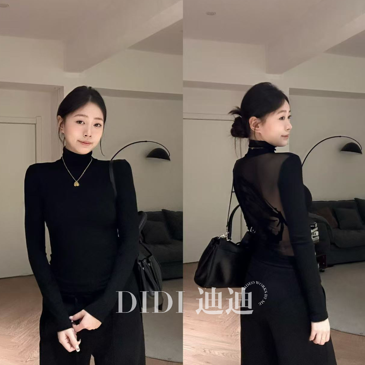 【DIDI】辣妹蝴蝶植绒印花设计感长袖上衣秋冬高领内搭小众T恤