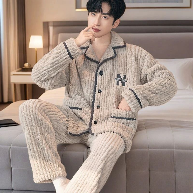 居家长袖珊瑚绒睡衣套装男士冬季加绒加厚保暖大码冬款休闲家居服