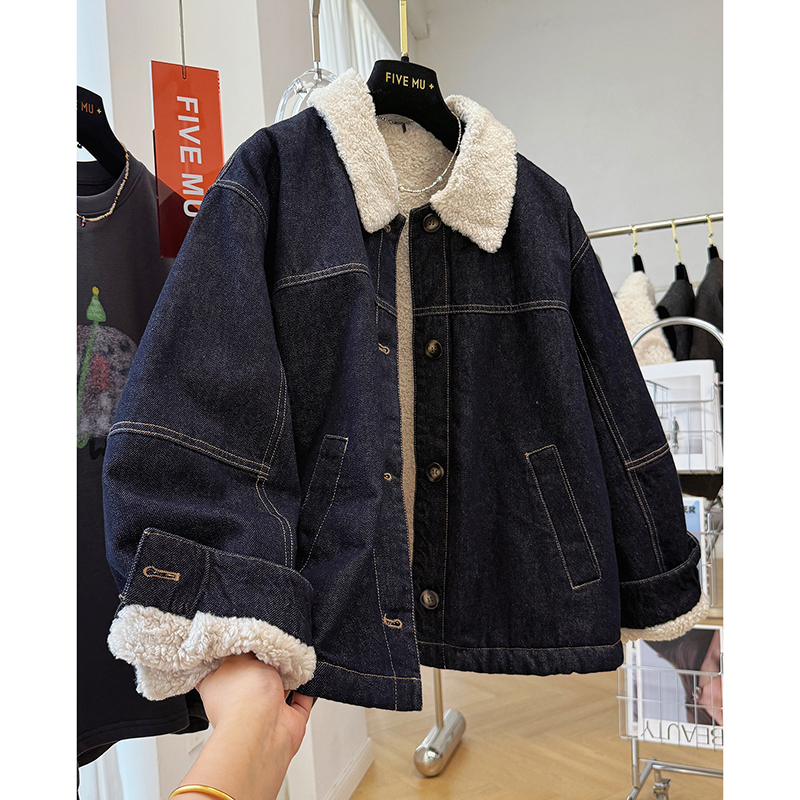 韩系穿搭高级感加绒加厚棉衣牛仔外套女独特冬季慵懒风羊羔绒夹克