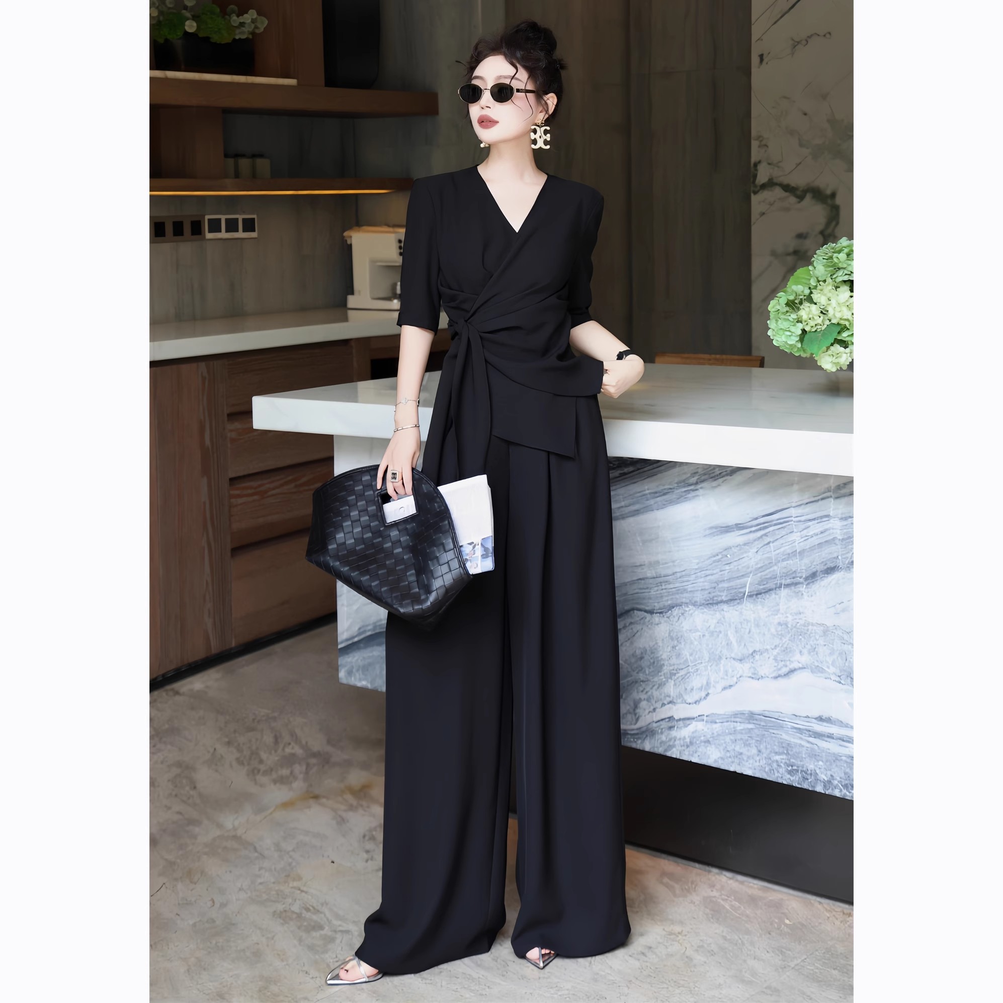 大码设计感时尚气质套装女夏季胖mm绑带修身显瘦上衣阔腿裤两件套