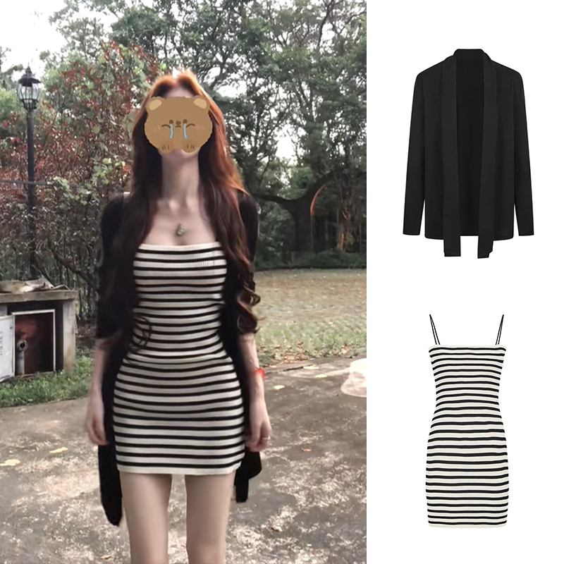 Moses Queen/魔西女王黑杏条纹吊带包臀裙两件套凉感慵懒空调衫