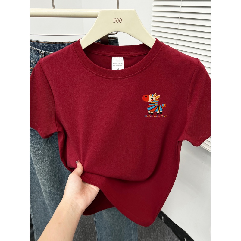 2026新款正肩显白圆领短袖t恤女胖mm大码穿搭遮肉红色本命年衣服