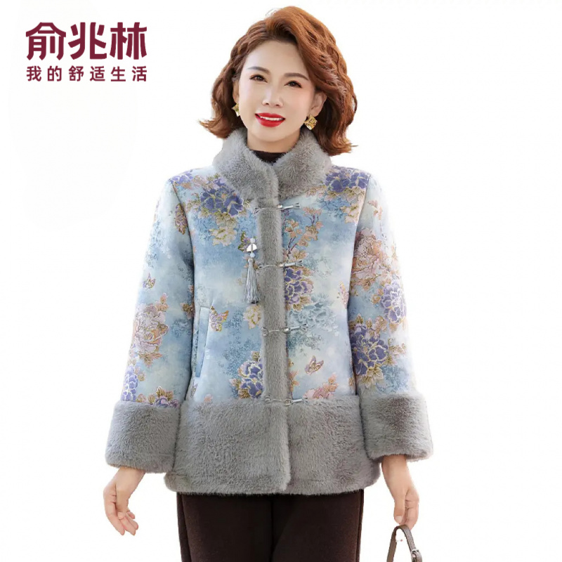 俞兆林气质秋冬加绒外套新中式国风中老年女装加厚棉衣保暖大衣