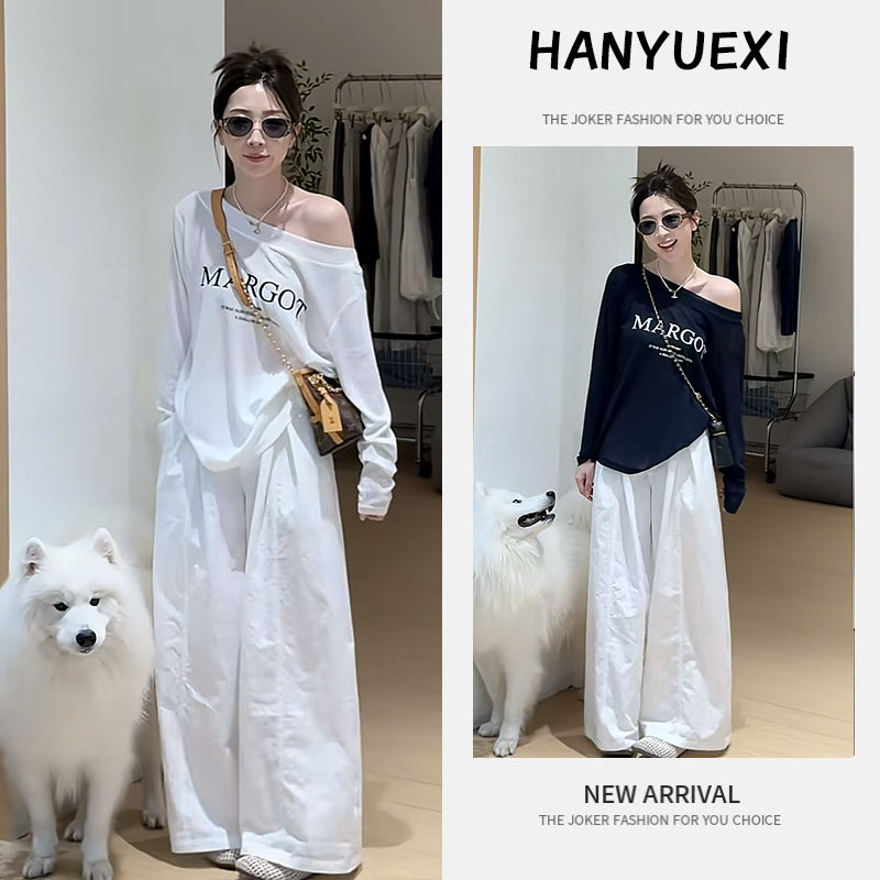 【现货】夏季时尚一整套女装2025新款印花斜肩长袖休闲阔腿裤两件套