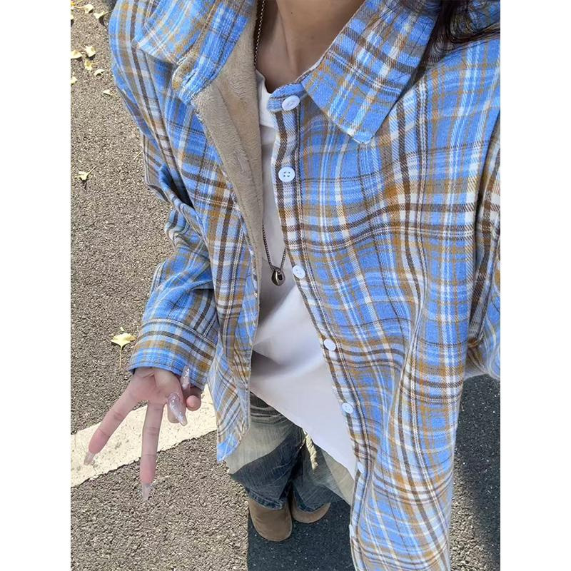 vintage黄格子磨毛衬衫男款加绒加厚高级感长袖美式复古情侣外套