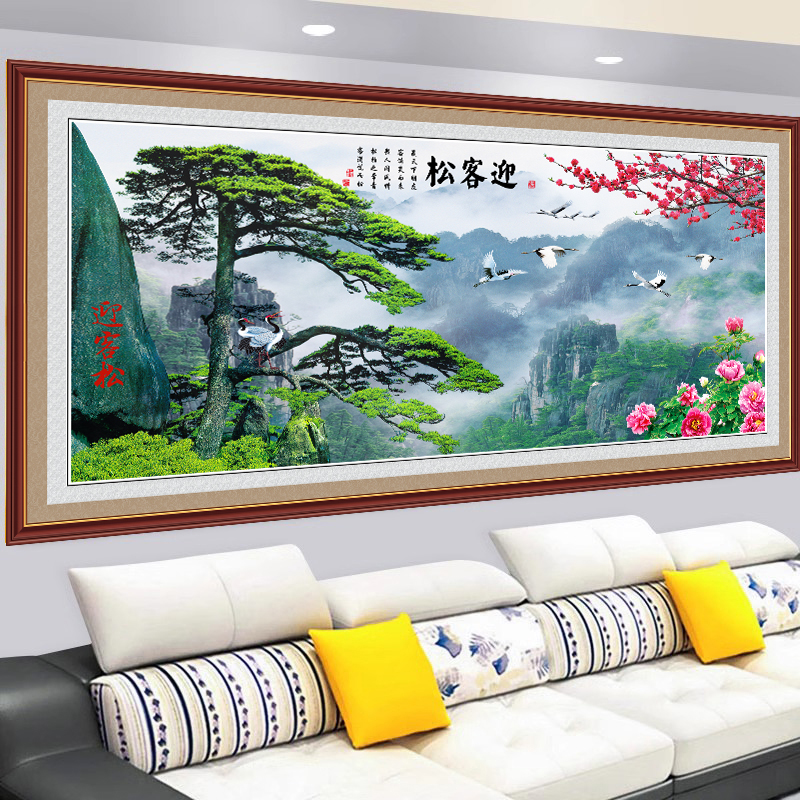 迎客松客厅沙发背景墙装饰画自粘墙贴画山水画3d立体办公室壁纸画