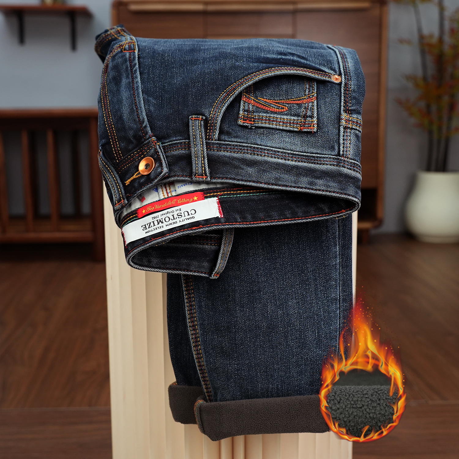 冬季新款加绒保暖男士牛仔裤厚款蓝灰色高街弹力小直筒抓绒裤1110