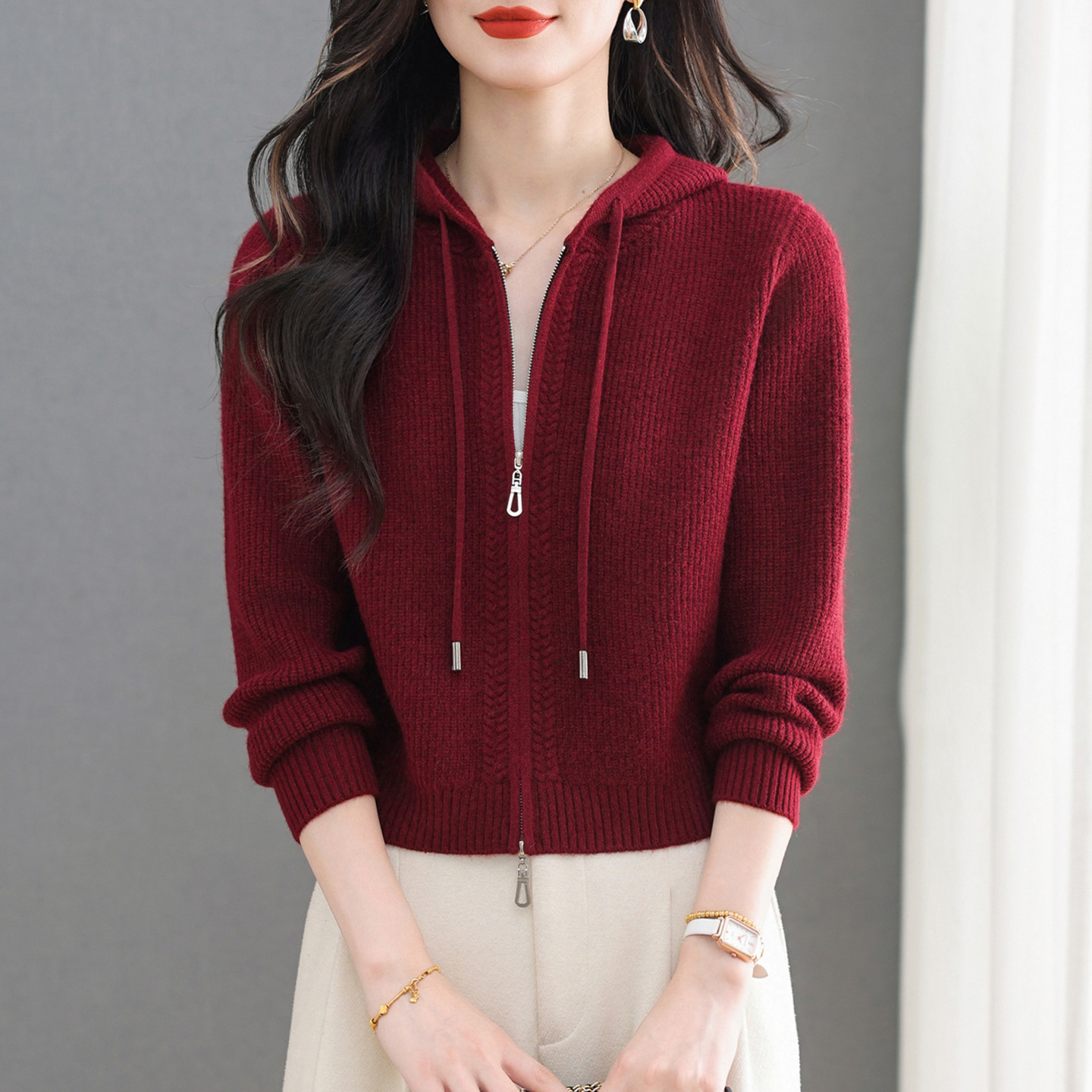 小个子连帽纯色针织开衫卫衣女2025秋冬新款外搭拉链毛衣外套上衣