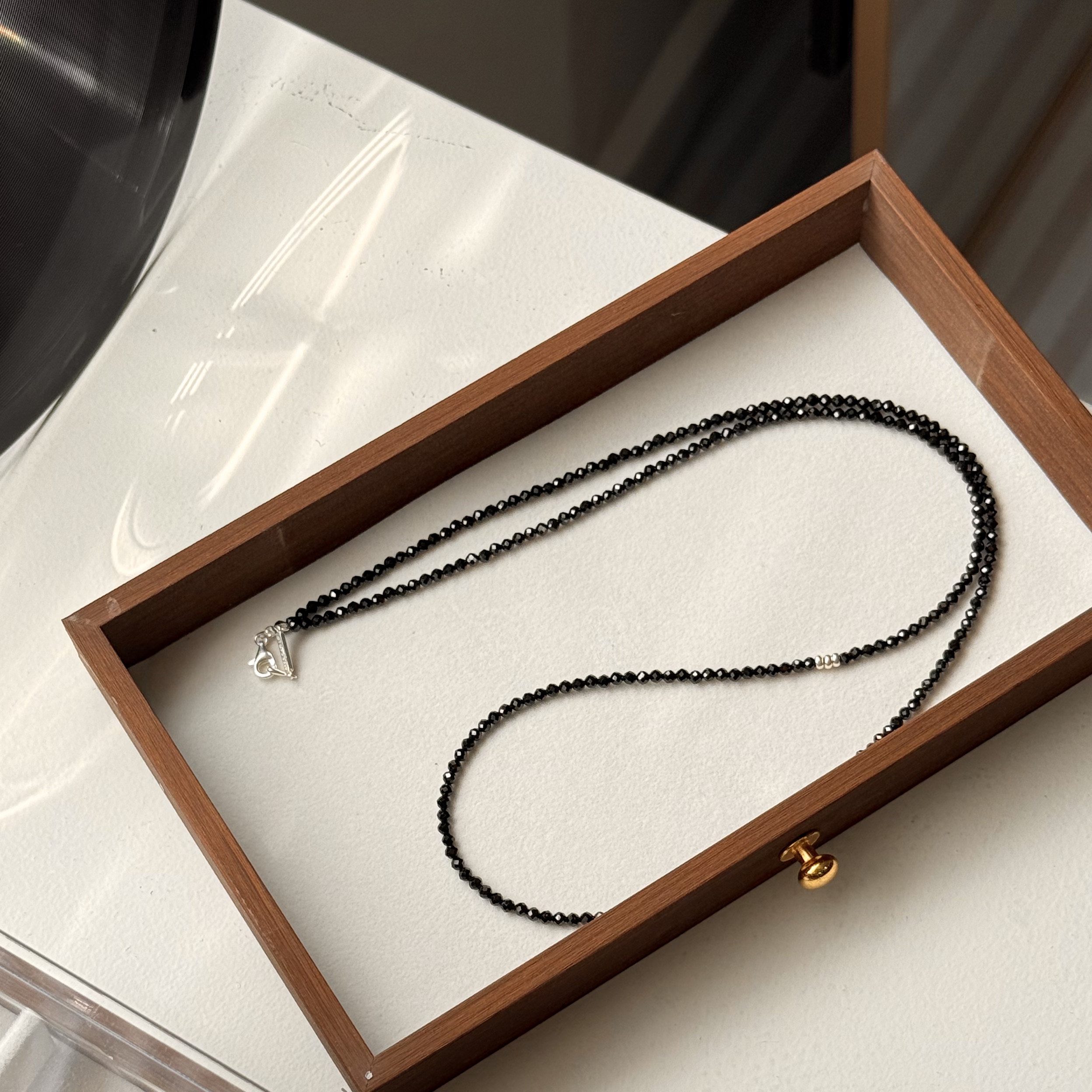 链子925银 【黑石银链】菱格切割素链长款项链原创设计简约日韩精致