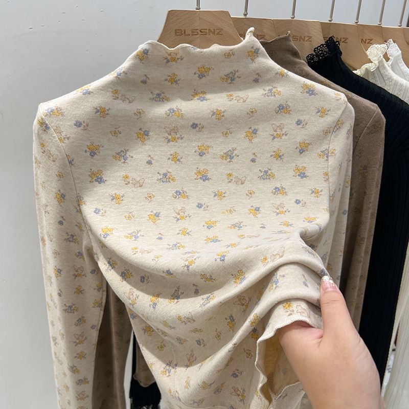 大码女装木耳边半高领德绒保暖长袖T恤女秋冬碎花设计打底衫上衣