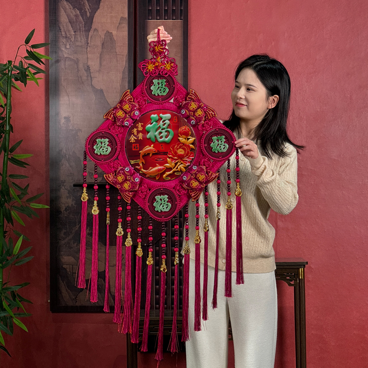 故宫红F【金鳞锦鲤】中国结挂件客厅玄关家居福字背景墙 M39F-5Y