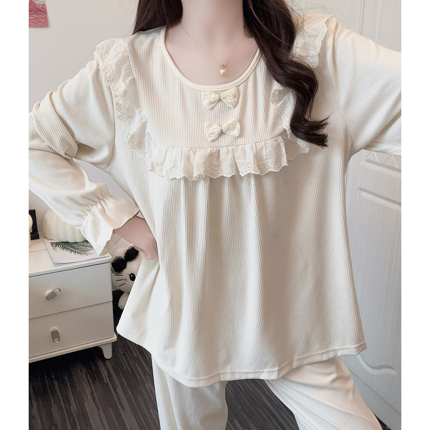 公主风睡衣女秋冬季长袖保暖薄绒甜美风蝴蝶结少女新款家居服套装