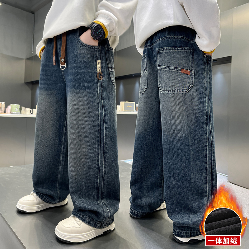 男童直筒牛仔裤秋冬加绒2025中大童休闲韩版长裤儿童秋季裤子洋气