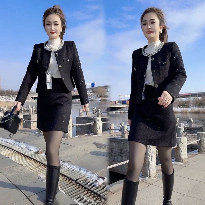 精致感小香风时尚套装女2025年秋冬新款夹棉细闪重工外套+半身裙