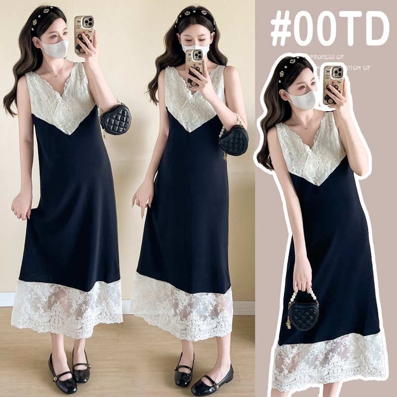 都市老钱风法式黑色连衣裙设计感蕾丝边V领宽松慵懒背心裙孕妇裙