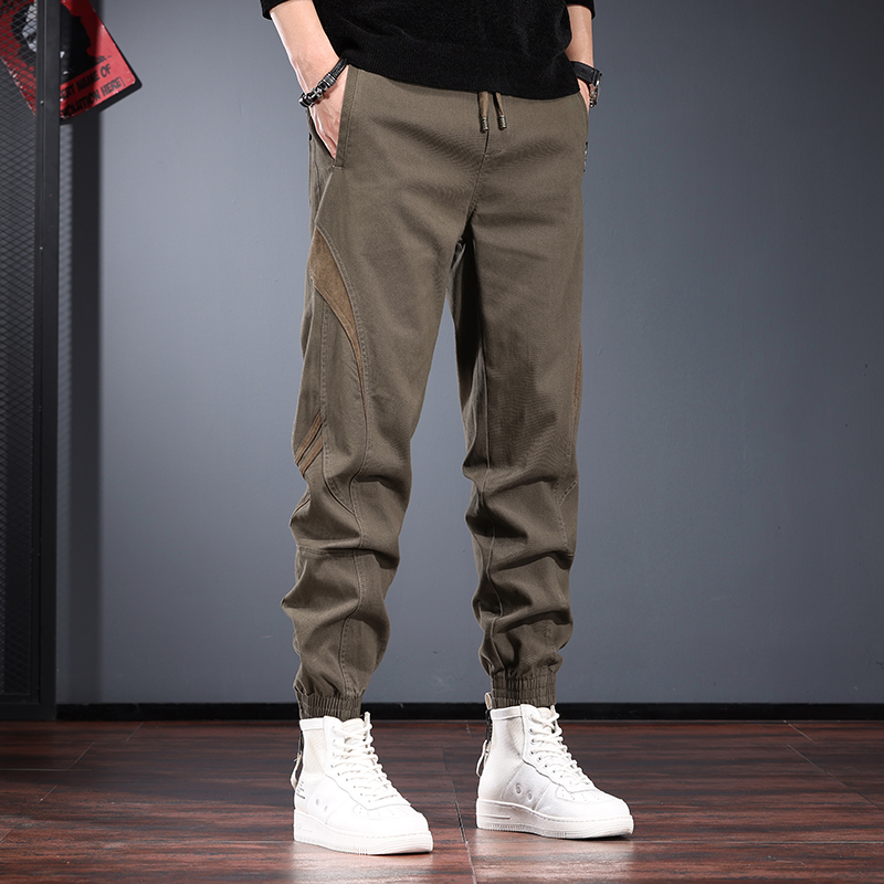 潮牌拼接休闲裤男春秋季宽松抽绳束脚哈伦裤咖啡色百搭美式工装裤