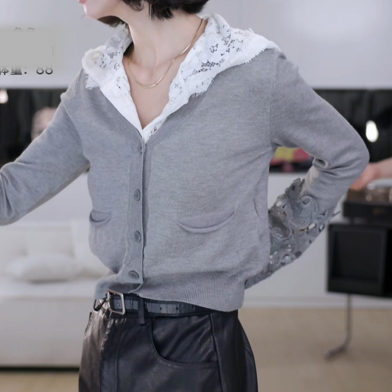 韩系新款设计感镂空袖蕾丝V领小开衫插肩袖针织衫LK2505942