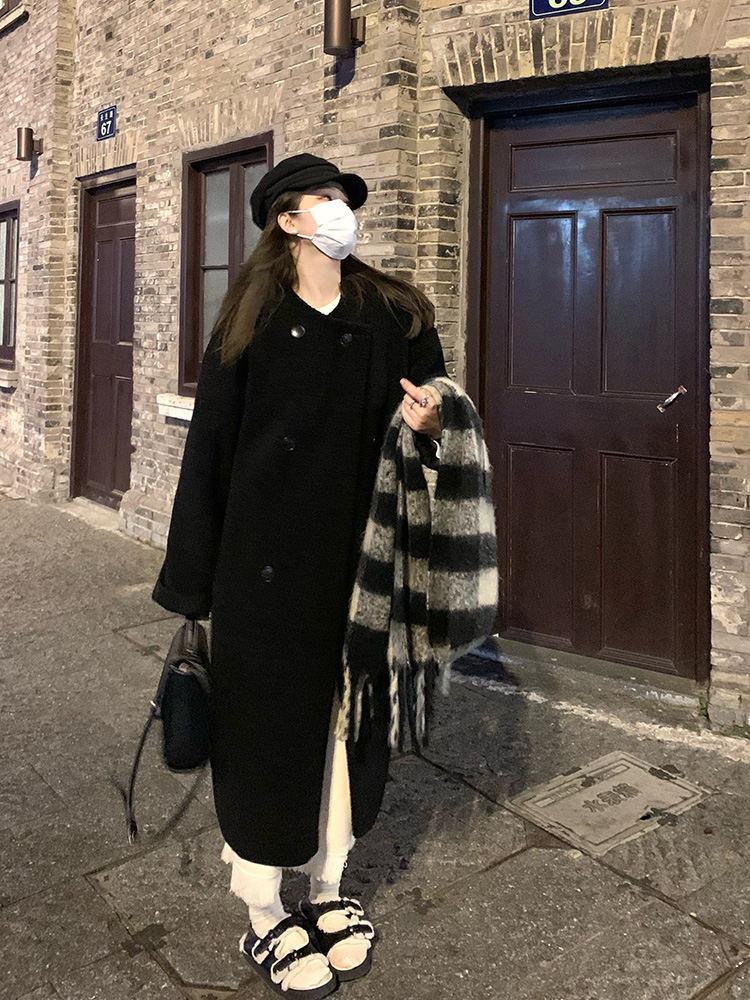 冬季2025长款大衣外套女宽松圆领加厚双排扣韩版保暖皮毛一体