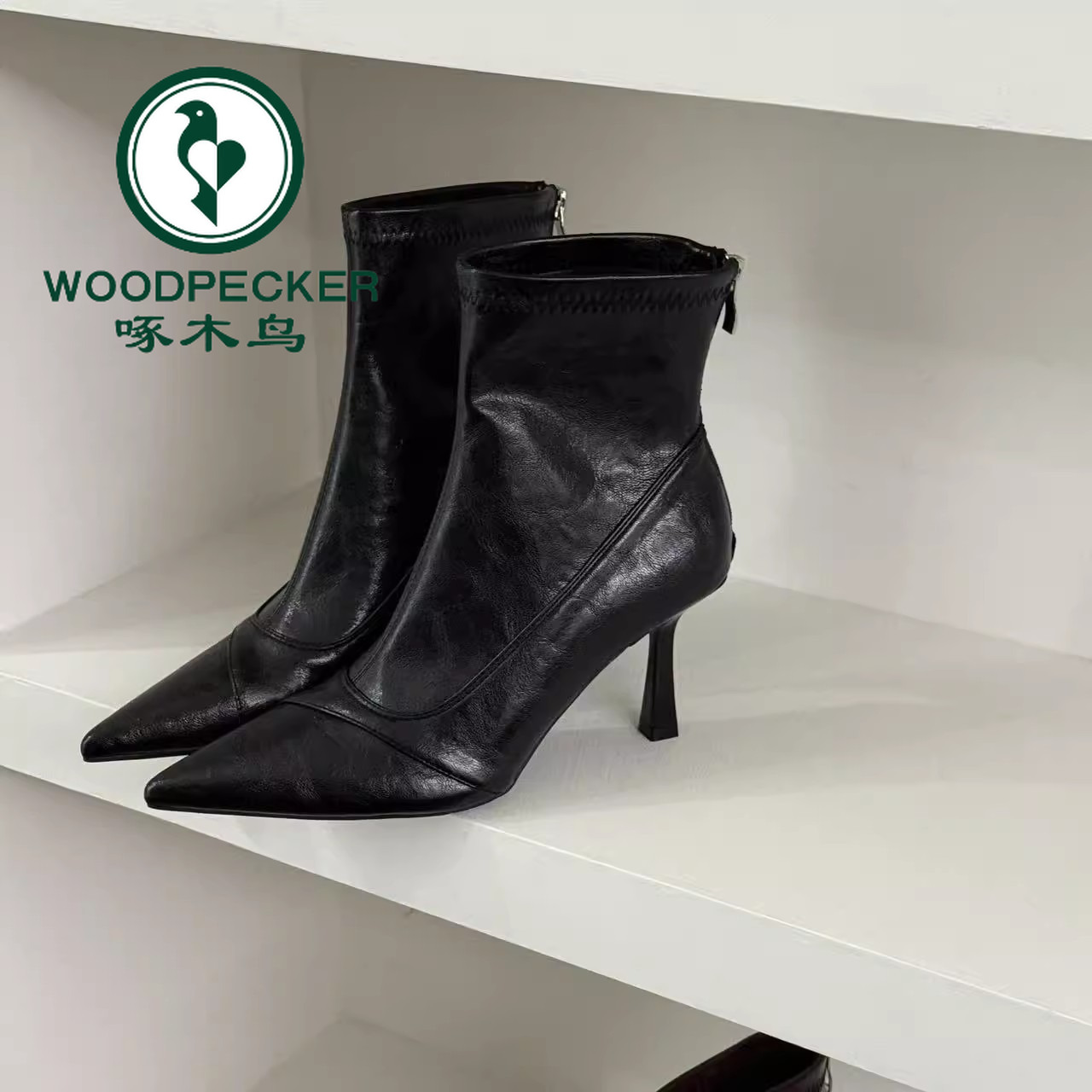 啄木鸟细跟尖头女靴短筒高跟鞋韩版软皮显瘦时装靴后拉链瘦瘦短靴
