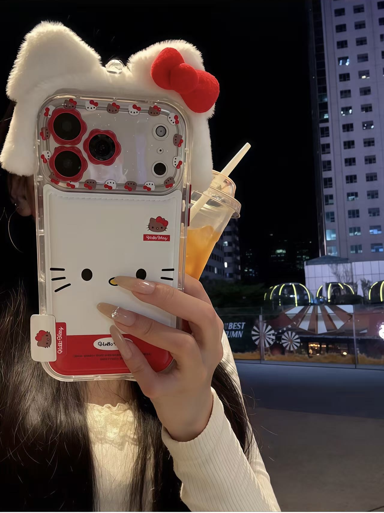 卡通毛绒猫咪头套kt猫表情适用iPhone17pro手机壳苹果16pro皮纹15