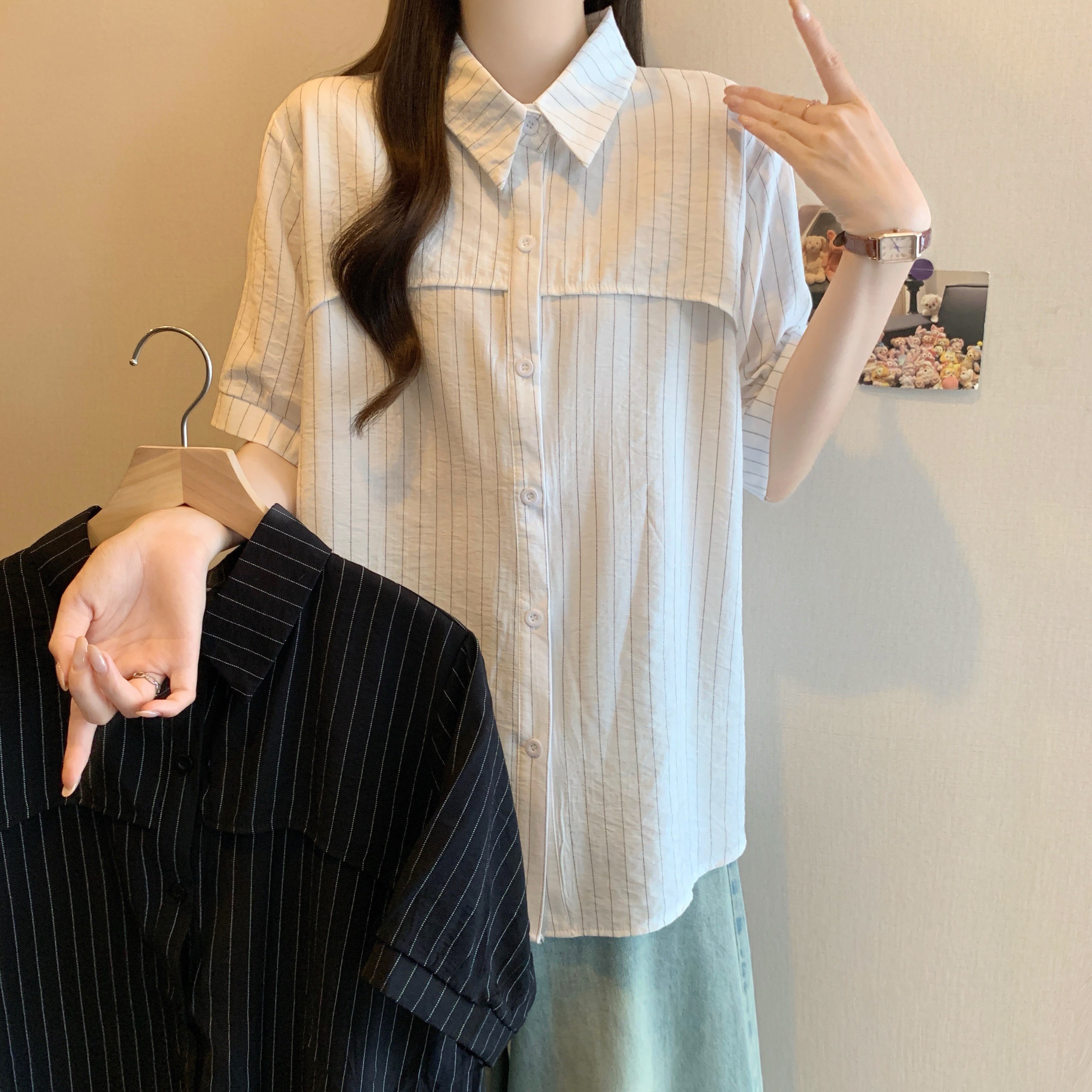 2025新款夏季法式翻领条纹短袖衬衫女大码胖mm巨显瘦气质正肩上衣