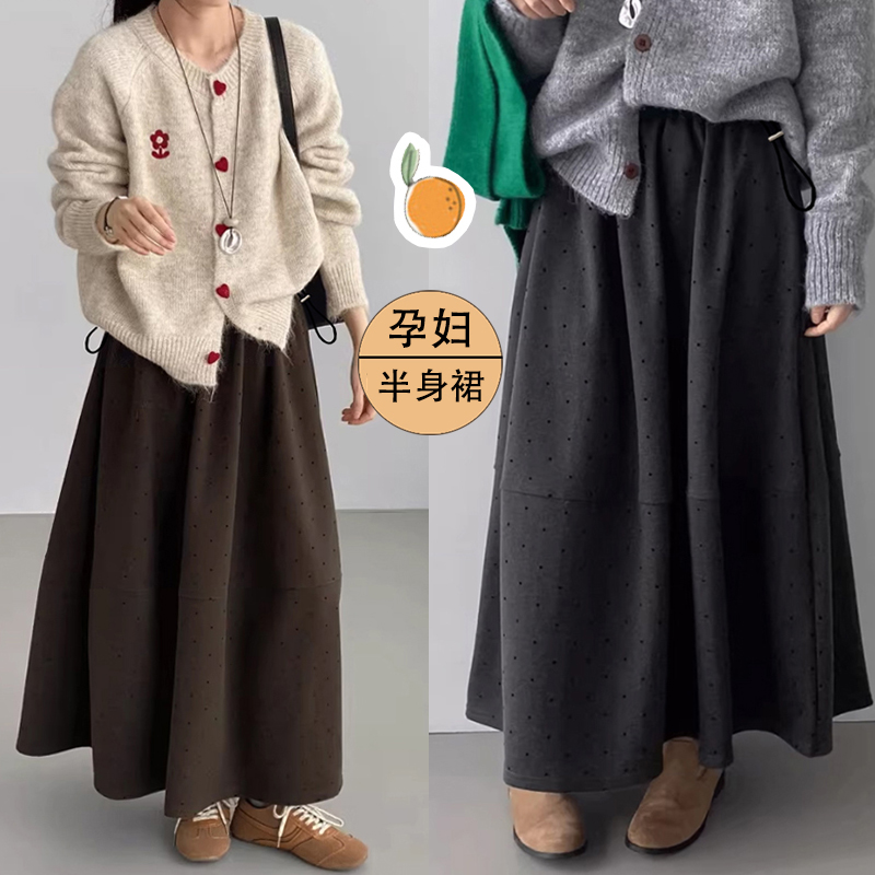 韩系加厚波点毛呢半身裙女冬季新款拼接花苞裙百搭显瘦孕妇a字裙