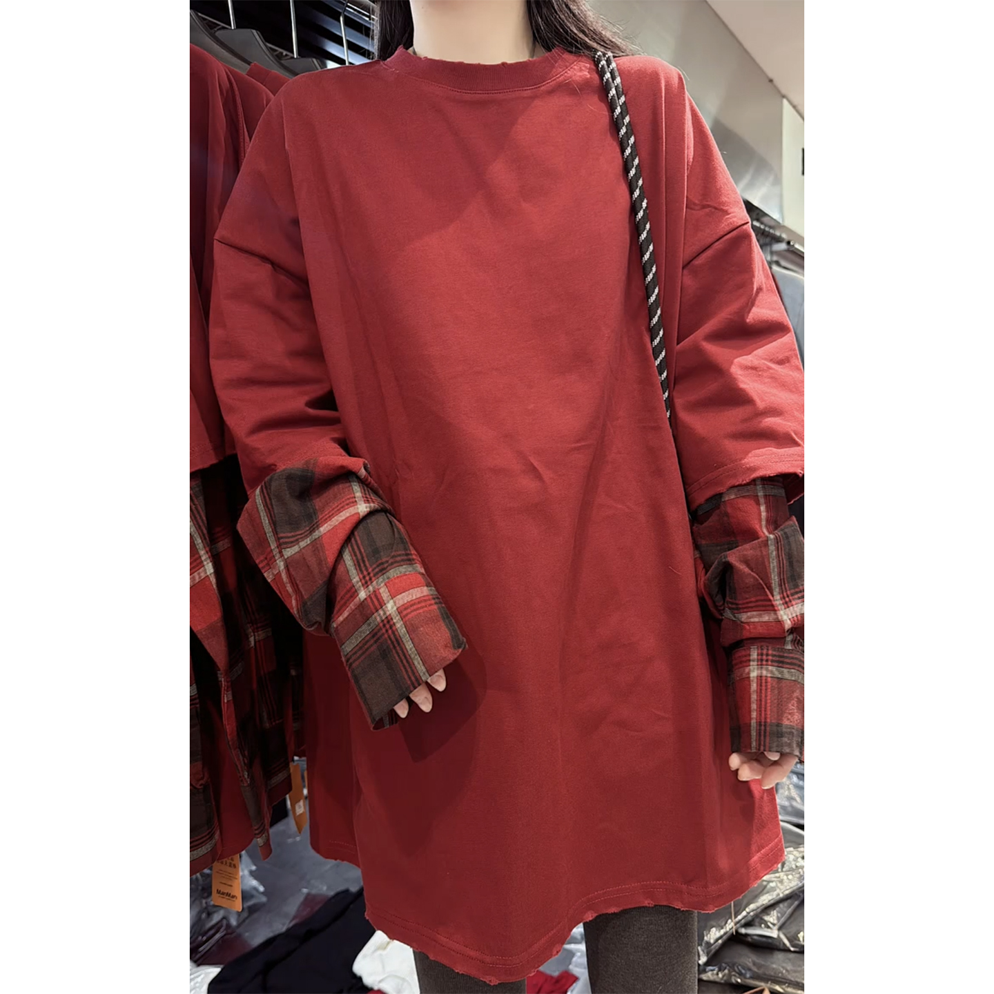 新年红色格子假两件长袖t恤女冬季新款时尚休闲宽松衬衫袖上衣潮