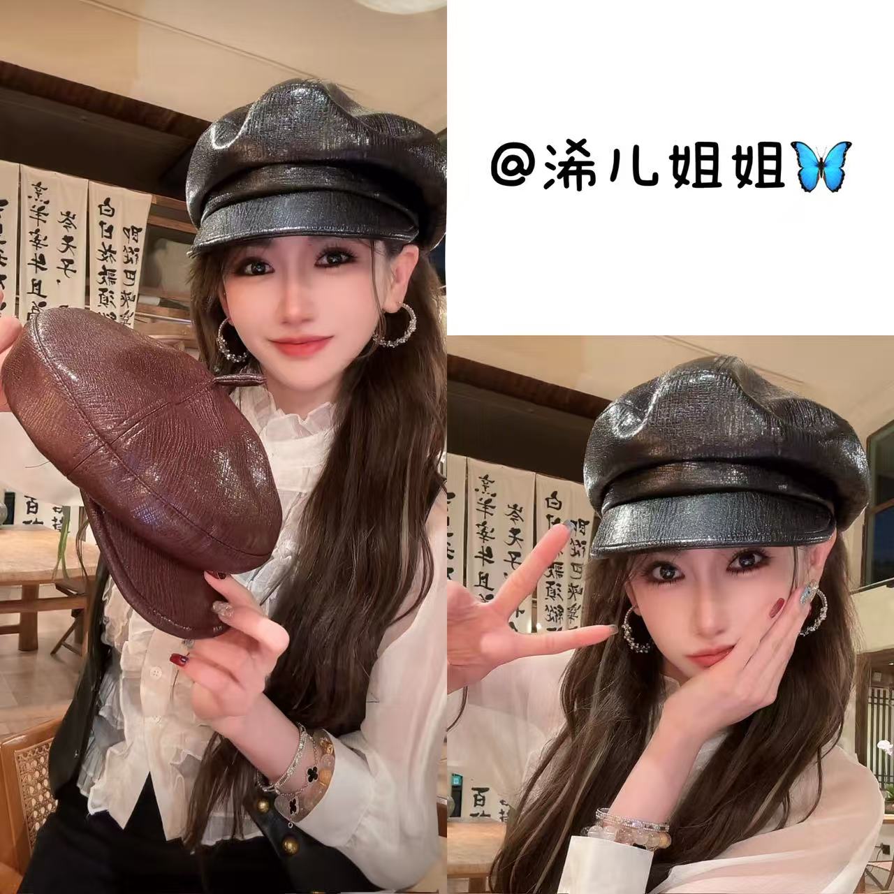 秋冬新款时尚皮质海军帽女士气质平顶鸭舌帽黑色百搭报童帽