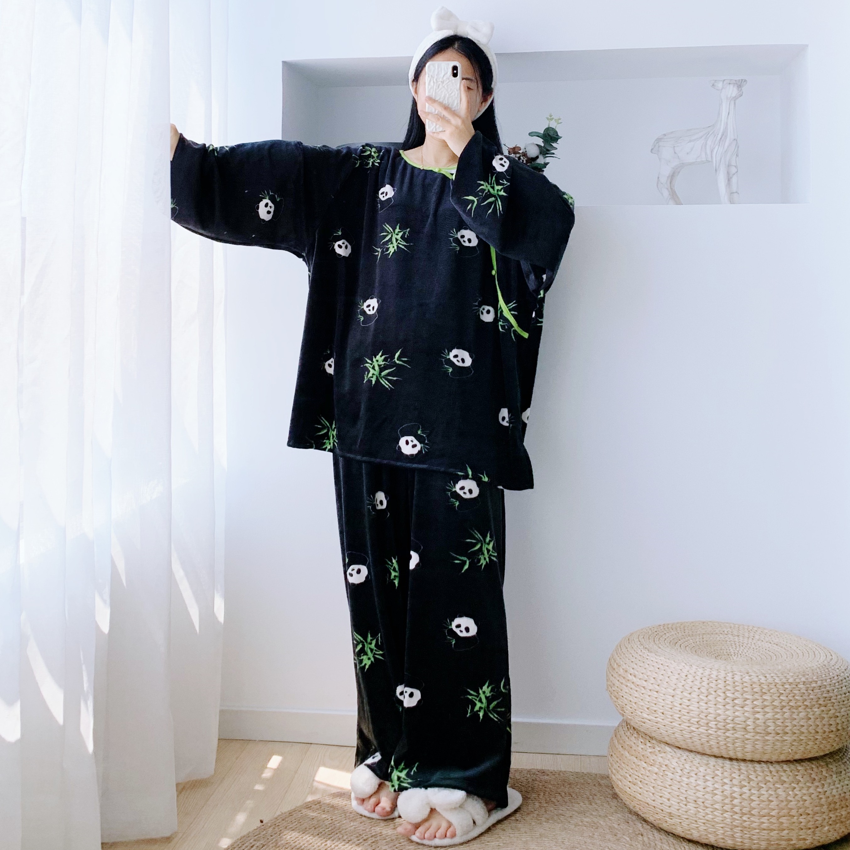 （海岛绒）熊猫睡衣女大码国风两件套宽松胖MM200斤加绒家居服