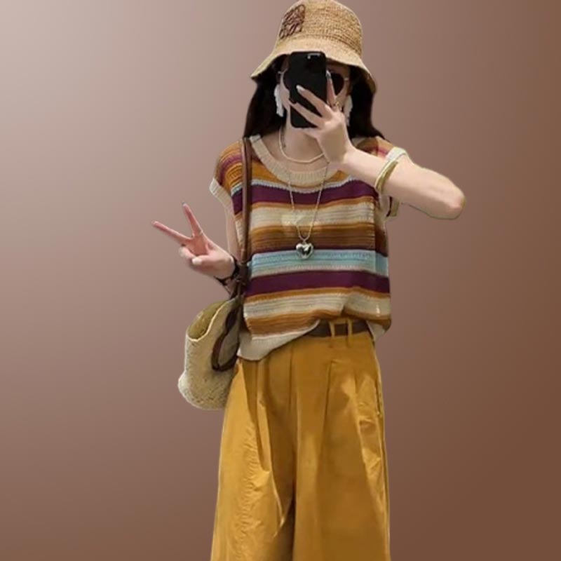 网红洋气炸街条纹针织短袖T恤爆款2026夏新款财阀千金高质感穿搭