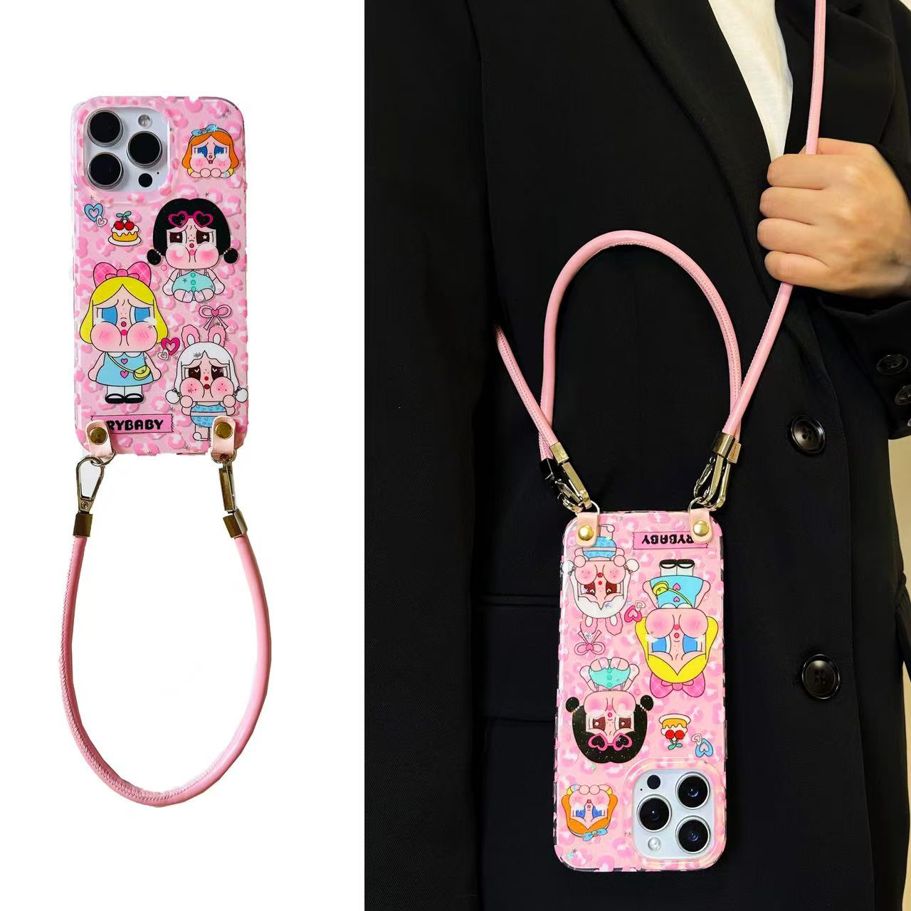 可爱粉色豹纹哭娃适用iPhone16promax苹果15手机壳14斜挎13双层女