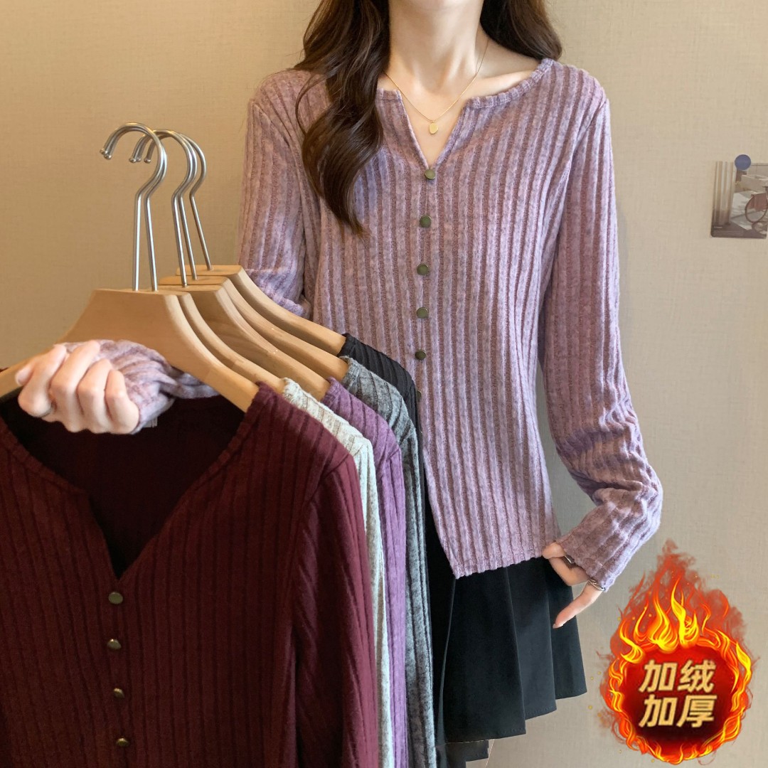 大码显瘦遮肉针织长袖T恤打底衫秋季胖mm85-220斤正肩v领上衣068