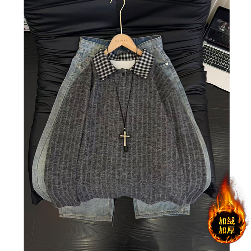 美式加绒Polo衫男款秋冬cleanfit长袖T恤高级感卫衣休闲条纹上衣