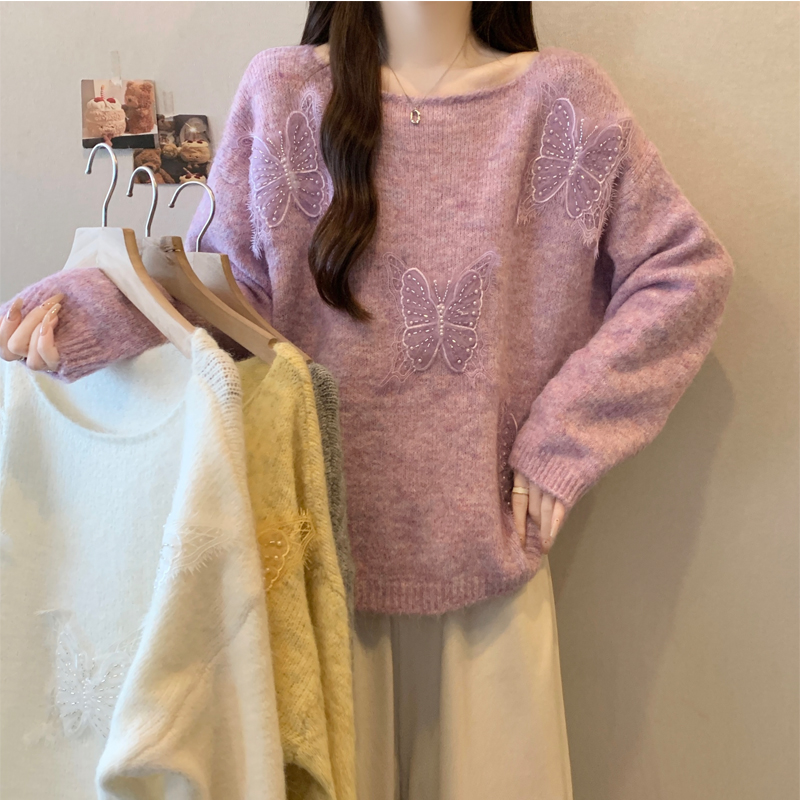 洋气减龄立体蝴蝶套头毛衣女秋季大码胖妹妹温柔气质显瘦百搭
