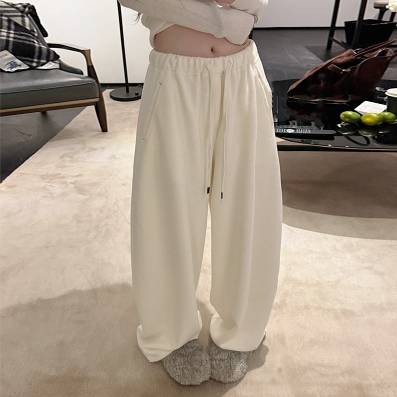 白色软糯抽绳加绒阔腿裤女秋冬加厚垂感羊尼弯刀裤两穿束脚休闲裤