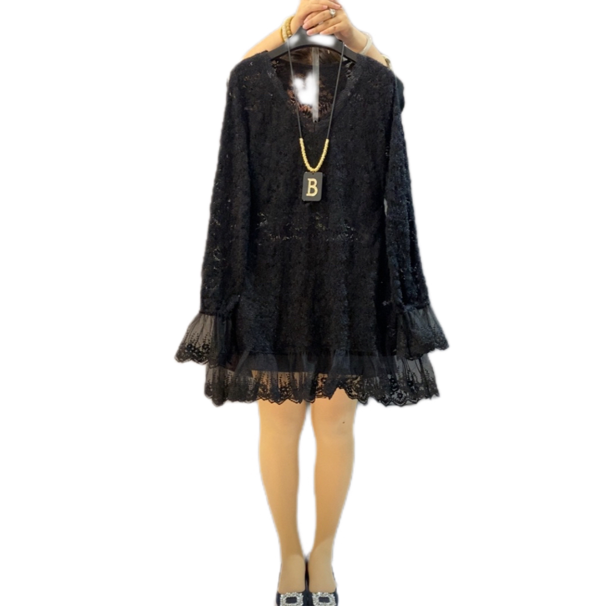 秋冬新款大码女装时尚拼接蕾丝宽松遮肉百搭显瘦长袖中长款上衣女