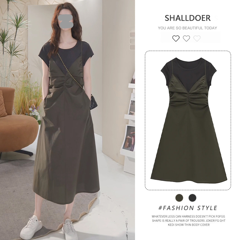 韩版假两件短袖连衣裙女2026新款夏季设计感小众收腰显瘦a字长裙