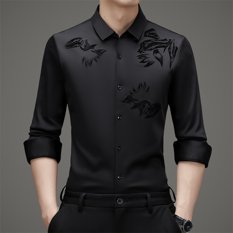 【植绒印花】春季无痕免烫男士轻奢时尚印花商务休闲弹力长袖衬衫潮