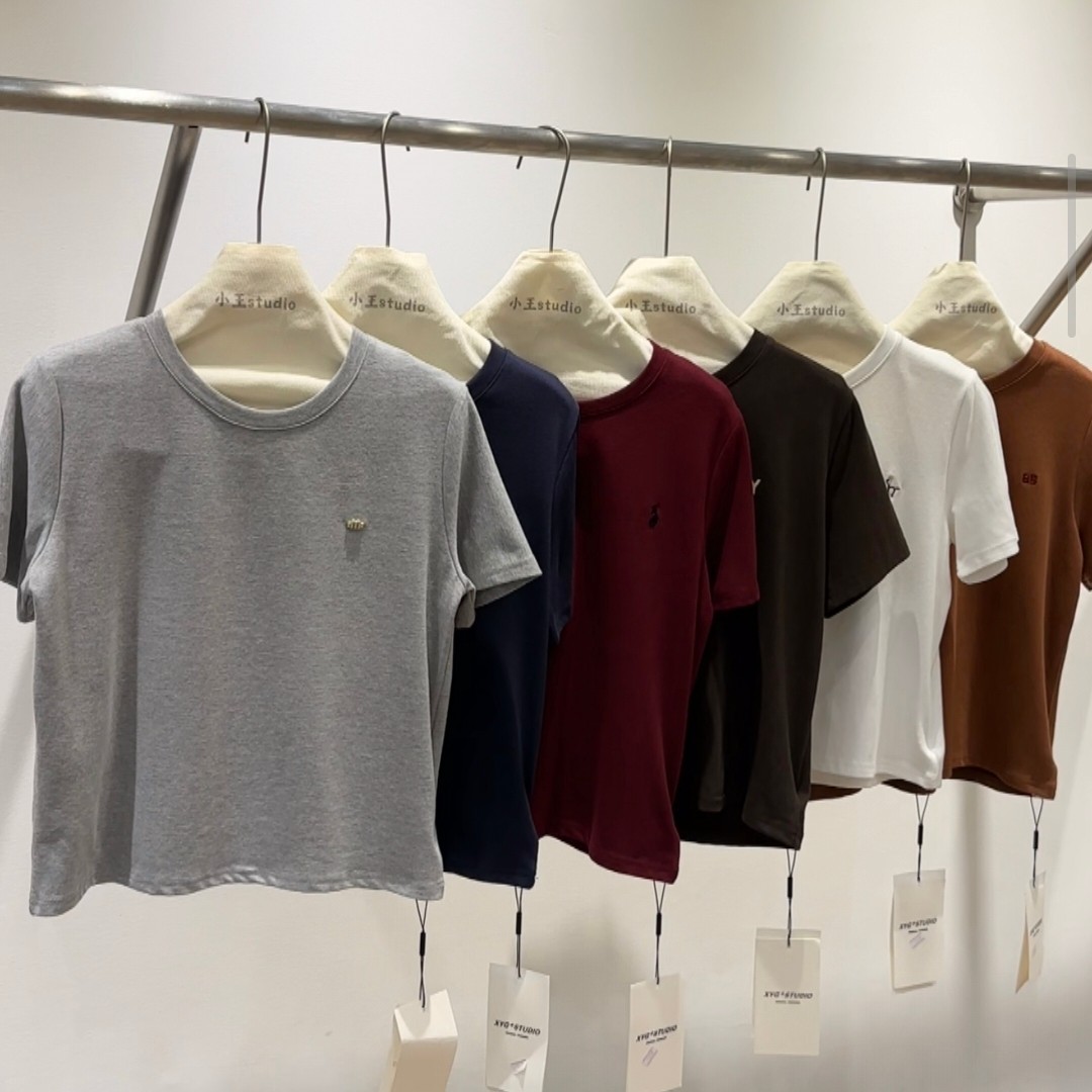 刺绣短袖法式圆领T恤薄绒磨毛t恤纯色时尚韩版