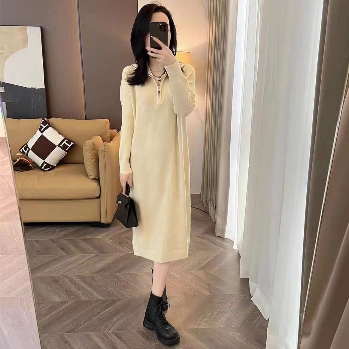 2025秋冬新款高领大码针织连衣裙女中长款拉链V领A字裙宽松腰长裙