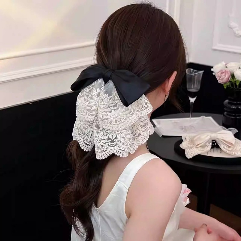 2025ins优雅立体蕾丝蝴蝶结马尾抓夹韩国温柔气质纯色顶夹发夹女