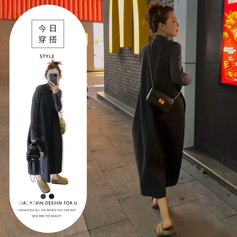 网红炸街套装女秋季灰色上衣打底衫洋气修身无袖连衣裙两件套