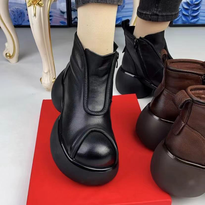 英伦风复古头层牛皮秋冬单里加绒保暖舒适圆头小个子高跟马丁靴女