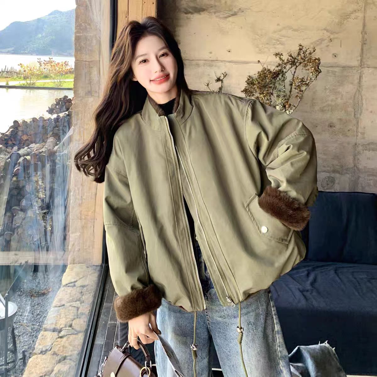 工装仿水貂绒加厚双面穿派克服女冬新款小个子韩版氛围感短款外套