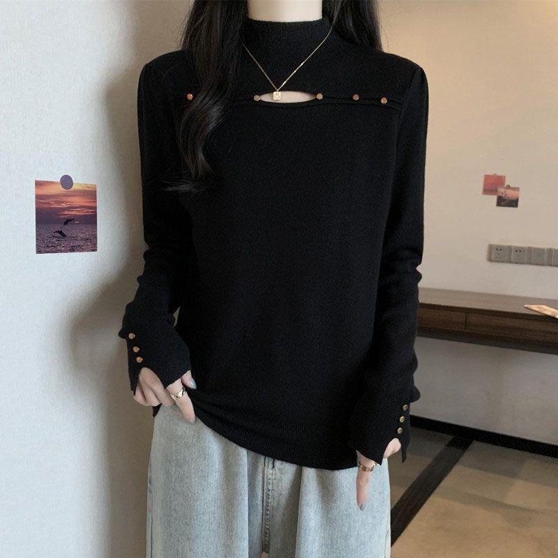 大码女装秋冬内搭半高领镂空长袖针织衫显瘦设计感洋气百搭毛衣潮