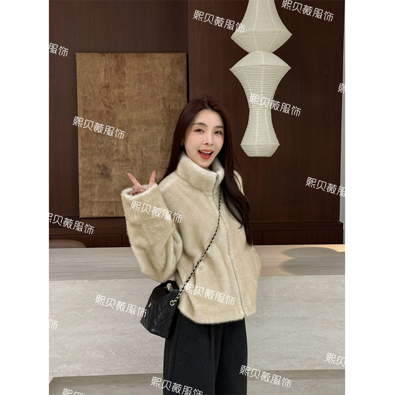 熙贝薇2【绒绒奶糖】立领平替水貂加厚修身保暖宽松毛毛外套 G5713